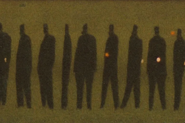 Prompt: 8 mm film still, blurry, grainy, liminal, unsettling, group of tall clone men in suits in a field at night, dark