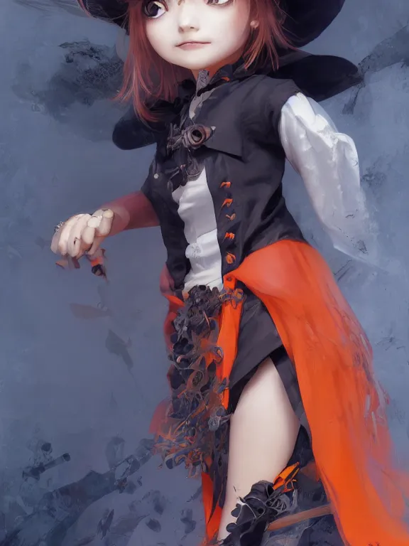 Image similar to Full shot of a cute mischievous young witch about to get up to some trouble. Latin American fashion. Black and Orange palette. Latina girl. From Encanto. By Ruan Jia and Artgerm and Range Murata and WLOP and CLAMP and Loish. Key Art. Fantasy Illustration. award winning, Artstation, intricate details, realistic, Hyperdetailed, 8k resolution.