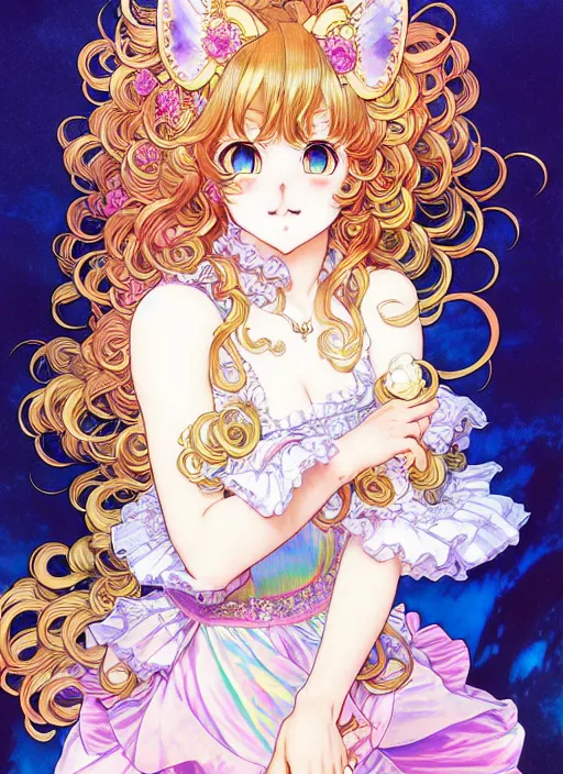 Image similar to manga of beautiful cat girl aside carousel, curls hair, rococo ruffles dress, pastel rainbow, pearlescent, shimmering, prismatic, reflective, rim light, detailed background, by katsuhiro otomo, takeshi obata, alphonse mucha, illustration, artstation, concept art, highly detailed, colorful, maximalist