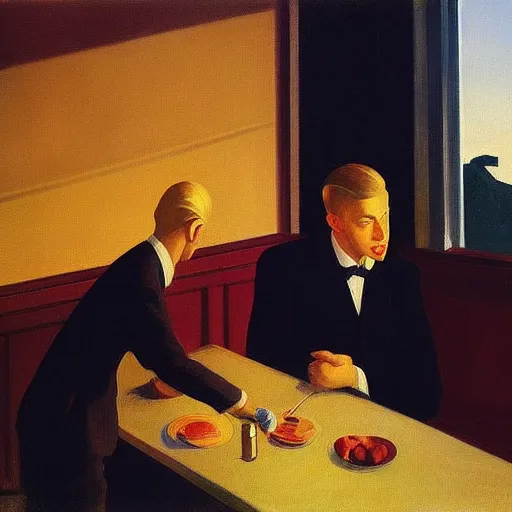 Prompt: a detailed painting, blonde man at a dinner table, dramatic lighting, edward hopper,