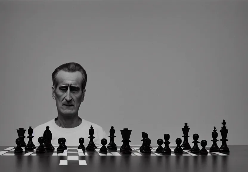 Prompt: a man holding up a bunch of chess pieces, a character portrait by marcel duchamp, flickr contest winner, precisionism, surrealist, studio portrait, provia