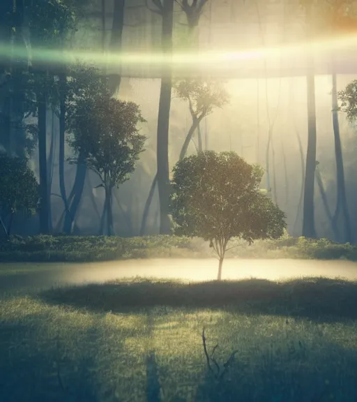 Prompt: symmetric drop daydreaming of the god of sun glare, fluid dance of the virtual space, big cotton sheets in the center of the air, cyberpunk forest, majestic light, octane render, beauty fog, ethereal glare of the sun, raining rainbow, volumetric lighting, hyperealistic, epic, masterpiece