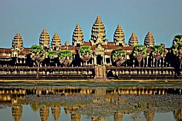 Prompt: Angkor Wat in 1253 covered in white marble and gold, surrounded by a large village, full of people, colorized historical grainy photograph, highly detailed, historically accurate