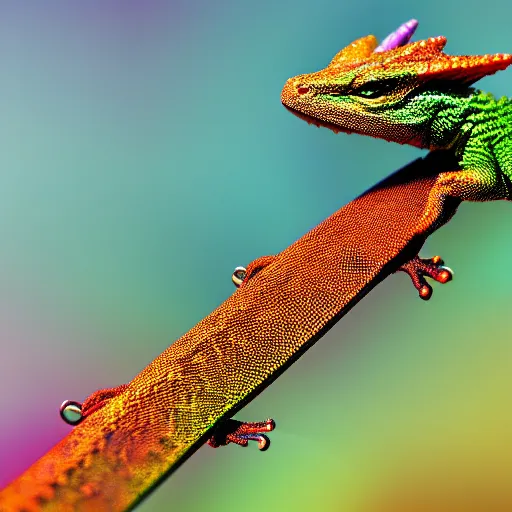 Image similar to a tiny dragon lizard with rainbow colored wings, high resolution film still, 4k, HDR color