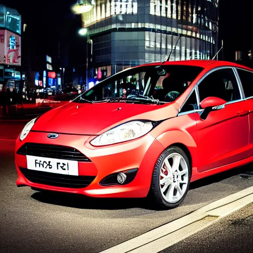 Prompt: red ford fiesta mk 5 zetec in shibuya tokyo, award winning photograph, night time