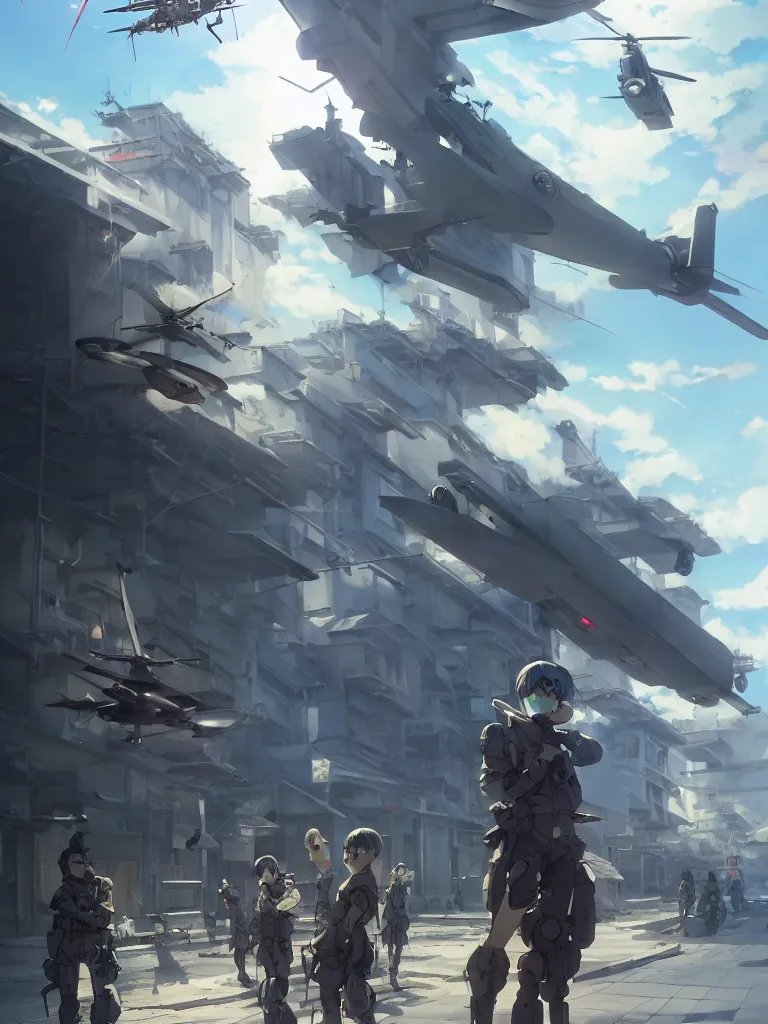 Prompt: Epic scene of a beautiful anime soldier standing in front of a cyborg repair shop, while a futuristic military helicopter flies overhead, by Greg Rutkowski and Krenz Cushart and Pan_Ren_Wei and Hongkun_st and Bo Chen and Enze Fu and WLOP and Alex Chow, Madhouse Inc., anime style, crepuscular rays, set in rainy futuristic cyberpunk Tokyo street, dapped light, dark fantasy, cgsociety, trending on artstation