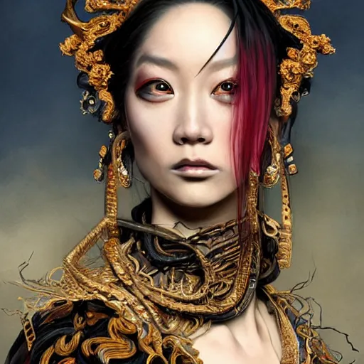 Image similar to portrait, headshot, insanely nice professional hair style, dramatic hair color, digital painting, of a old 17th century, Chinese Three Kingdoms, old cyborg merchant, amber jewels, baroque, ornate clothing, scifi, realistic, hyperdetailed, chiaroscuro, concept art, art by Franz Hals and Jon Foster and Ayami Kojima and Amano and Karol Bak,