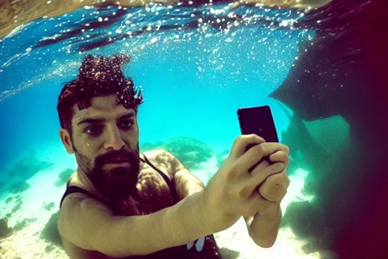Image similar to greek god poseidon taking a selfie of himself underwater holding a go pro look king confused holding his trident