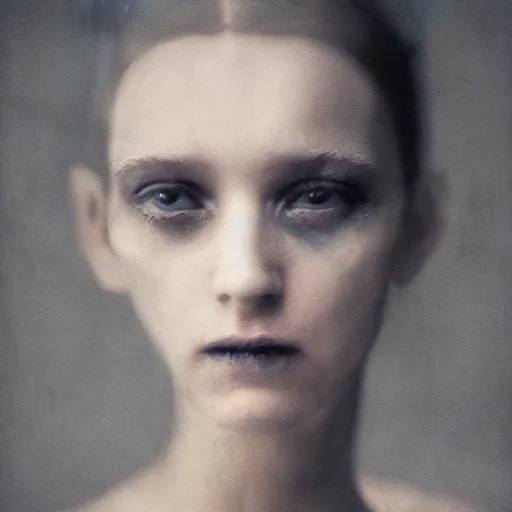 Prompt: a photo portrait of a mysterious eerie shimmering woman in an uncertain world, overtaken by sadness, cinematic, by paolo roversi,