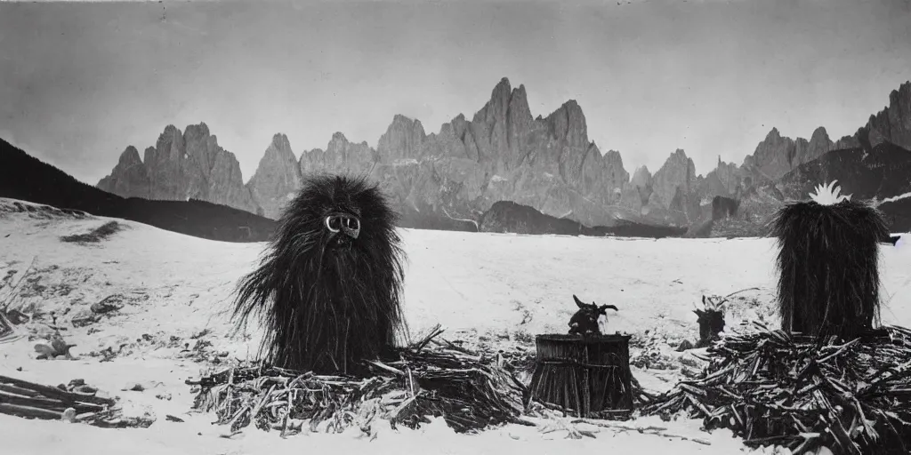 Image similar to 1 9 2 0 s photography of krampus hay monster burning on a pyre, submerged in snow, alpine huts and dolomites in background