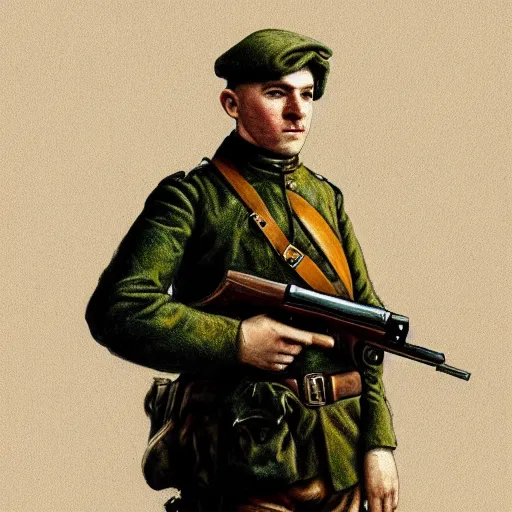 Image similar to portrait of an irish rebel soldier in 1 9 1 6 holding his rifle, trending on artstation