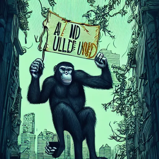 Image similar to an ape holding a sign that says the end is near, an ultrafine detailed illustration by james jean, intricate linework, bright colors, final fantasy, behance contest winner, vanitas, angular, altermodern, unreal engine 5 highly rendered, global illumination, radiant light, detailed and intricate environment