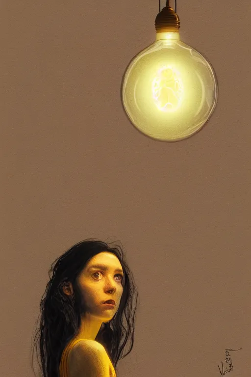 Image similar to painting of a woman inside of an upside down light bulb, kintsugi, modern fine art, fractal, intricate, elegant, highly detailed, digital photography, subsurface scattering, by wes anderson and basquiat and greg rutkowski,