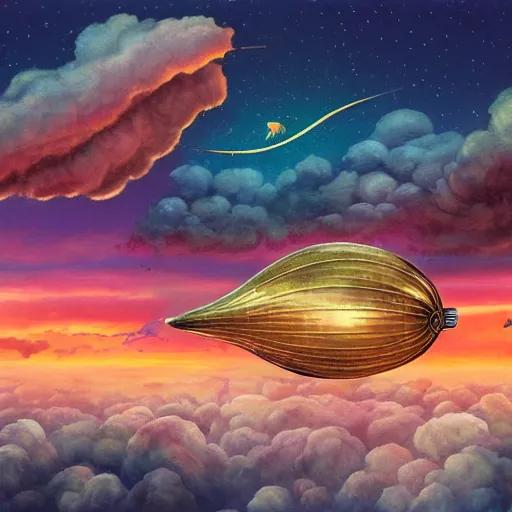 Image similar to big steampunk zeppelin flying in big fluffy clouds, cinematic light, epic scene, god rays, 8 k, high detailed ornaments, liquid marbling acrylic paint, sunset, magic hour, golden hour, strathosphere, nebula sky, milkyway