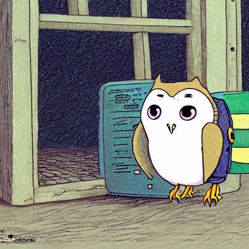 Image similar to barn owl in a black suit wearing an office bag going to the office,drawn by Hayao Miyazaki and Beatrix Potter, highly detailed,anime, anime shot,anime colours, inspired by my neighbor totoro 1988