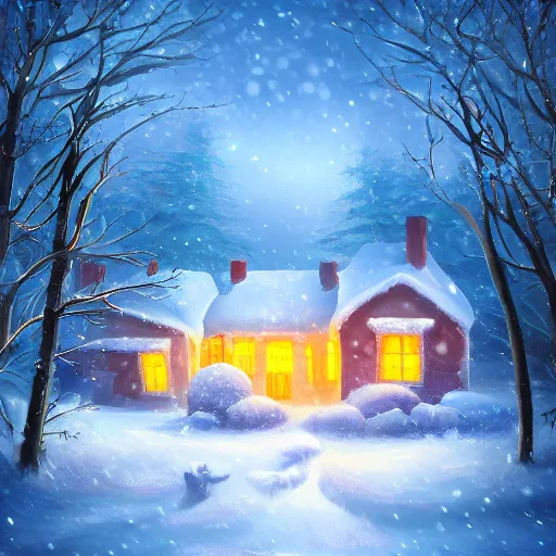 Prompt: snowy landscape with santa's house in night forest, warm light coming from the window and reflects on the snow. digital art, artstation, high details, trending, behance