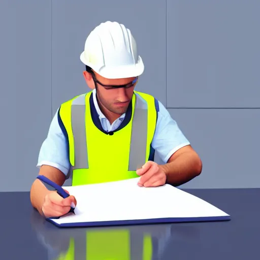 Image similar to a worker with a hard hat and reflective vest writing in a notepad holding a calculator vector, 3 d, realistic