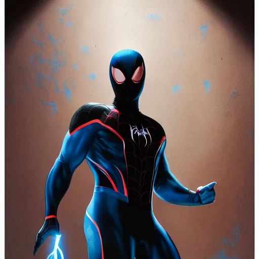 Image similar to ryan reynolds as a black and blue suit spider - man, cinematic, volumetric lighting, f 8 aperture, cinematic eastman 5 3 8 4 film, photorealistic by greg rutkowski, by stanley artgerm, by alphonse mucha