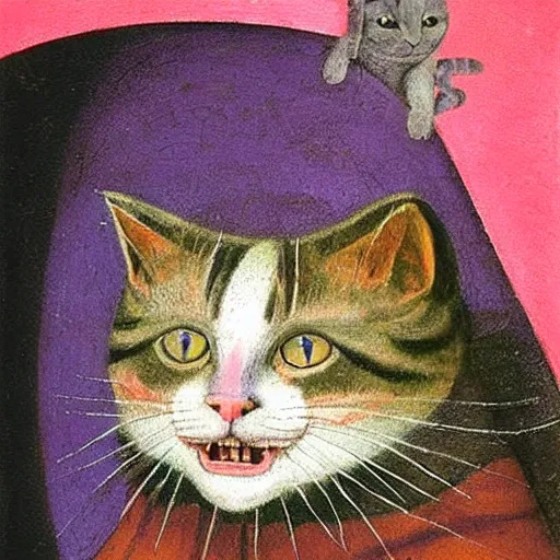 Image similar to portrait of the cat of cheshire bosch with pink and purple stripes and a malicious smile by hieronymus bosch. oil on wood