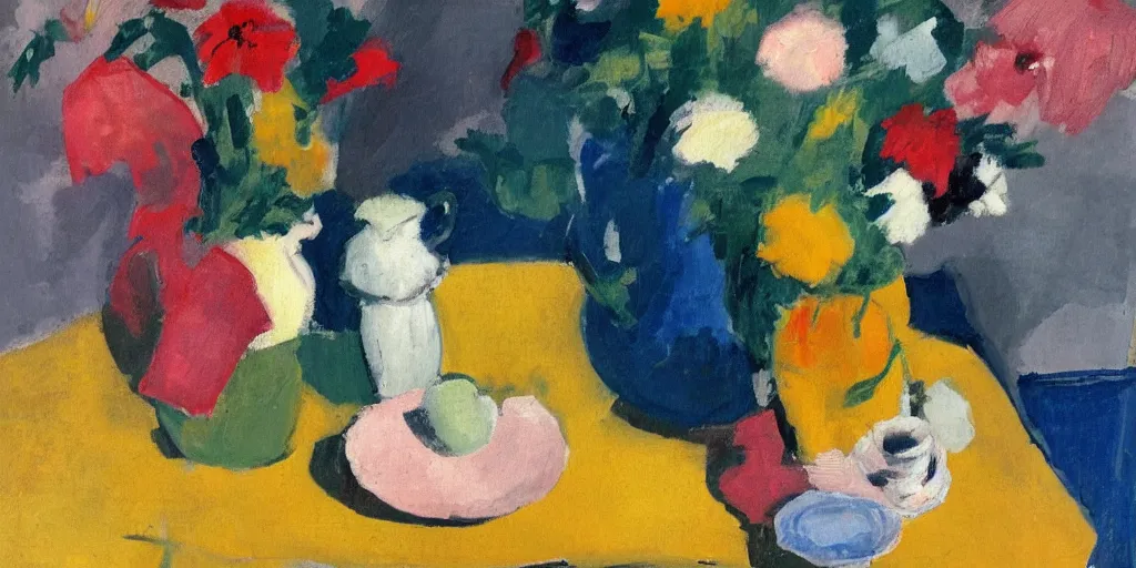 Prompt: flowers in jug, notebook, spoon on a table, still life on a table in the style of ivon hitchens and winifred nicholson. oil painting, beautiful, minimal