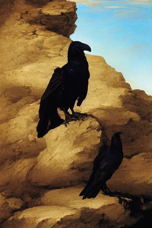 Prompt: a breathtakingly stunningly beautifully highly detailed extreme close up portrait of a raven under a rock arch, epic coves crashing waves plants, beautiful clear harmonious composition, dynamically shot, wonderful strikingly beautiful serene sunset, detailed organic textures, by frederic leighton and rosetti and turner and eugene von guerard, 4 k