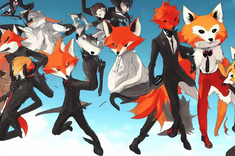 Image similar to a furry tan male fox on a persona 5 : royal ( by atlus ) video game splash screen, a furry male sandcolored tan fox fursona ( has hair ), persona 5 phantom thief style