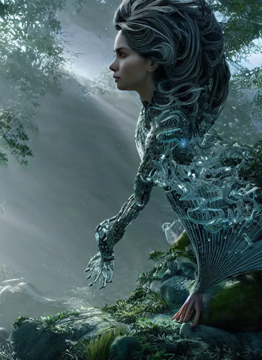 Image similar to beauteous practical sumptuous biomechanical with incredible hair, projected ray traced oled retinal overlays, crystalline masterpiece incrustations, hyperdetailed face, elegant pose, movie still, intricate, octane render, cinematic forest lighting, cgsociety, unreal engine, crepuscular rays, god rays