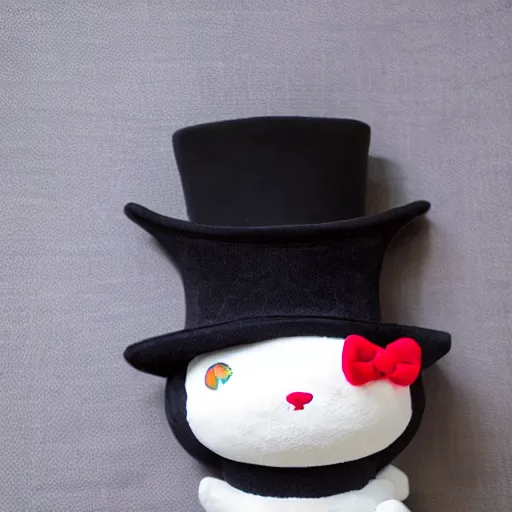 Image similar to a plushie of a cat in a top hat, sanrio toys, famous stuffed animals, ty.com, plush toys, high detail, cute, photograph on a bed uhd 4k, rtx on