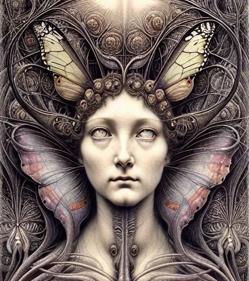 Prompt: detailed realistic beautiful butterfly goddess face portrait by jean delville, gustave dore, iris van herpen and marco mazzoni, art forms of nature by ernst haeckel, art nouveau, symbolist, visionary, gothic, neo - gothic, pre - raphaelite, fractal lace, intricate alien botanicals, ai biodiversity, surreality, hyperdetailed ultrasharp octane render