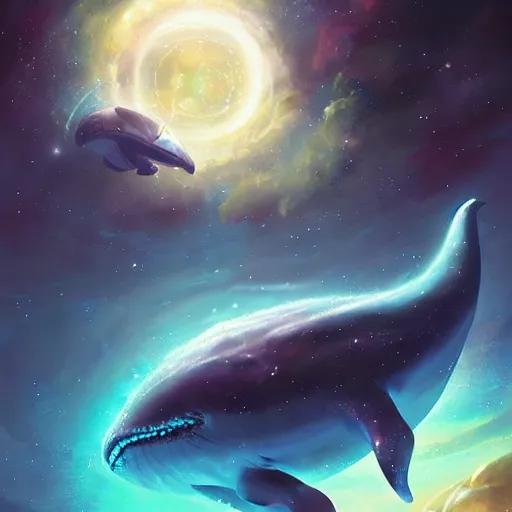 Image similar to space magical whale, galaxy whale, epic fantasy style art, galaxy theme, by Greg Rutkowski, hearthstone style art