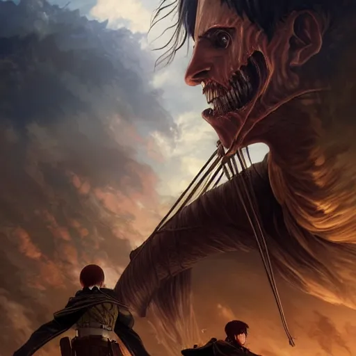 Prompt: attack on titan, fine art, awesome fantasy book cover on pinterest, award winning, dark fantasy landscape, fantasy magic, intricate, elegant, sharp focus, cinematic lighting, highly detailed, digital painting, 8 k concept art, art by wlop and artgerm and greg rutkowski, masterpiece, trending on artstation, 8 k