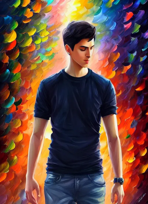 Prompt: handsome young man with short black hair, male, full detailed clothing, half body shot, arms down, path traced, highly detailed, high quality, digital painting, alena aenami, leonid afremov, lilia alvarado, shinji aramaki, karol bak