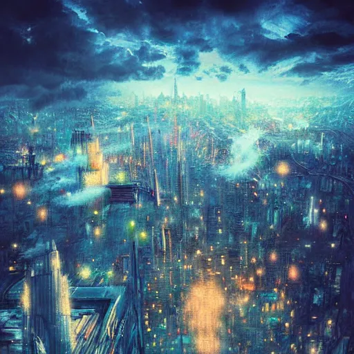 Prompt: city in the clouds, beautiful art, dreamy, high detail, neon, dramatic, cinematic, clouds, moody, star ships