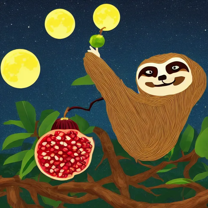 Prompt: sloth enjoying a pomegranate under the moonlight, vector graphics, cool