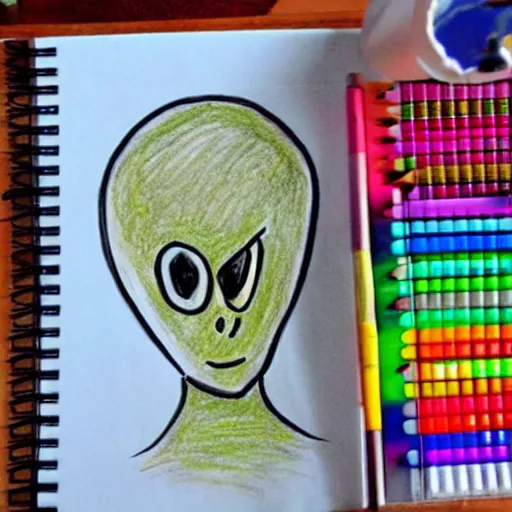 Image similar to children's drawing of a generic alien being drawng with crayons