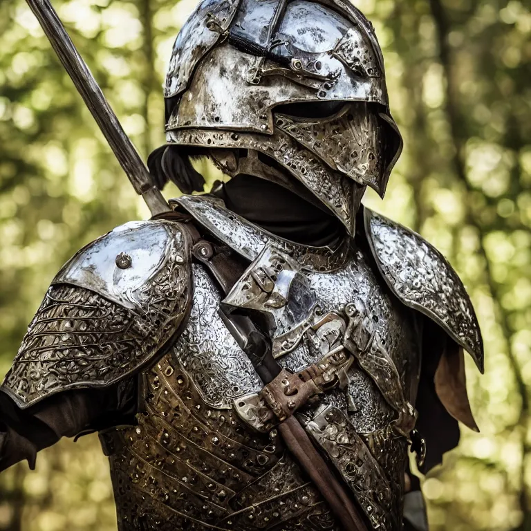 Prompt: portrait photo of an armoured male warrior, in a fantasy forest, medieval style, highly detailed, smooth, sharp focus, 8 k. lifelike. soft light. nikon d 8 5 0