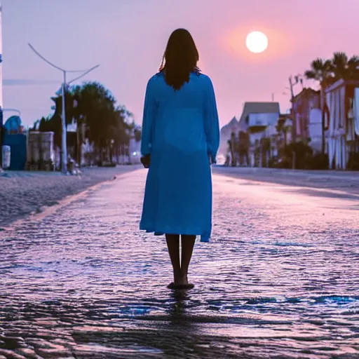 Image similar to a woman facing a blue portal on the street, which shows a beach at sunset