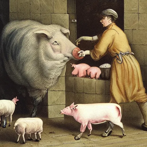 Image similar to butcher feeding a cat, while being watched by a pig, a sheep, a chicken and a cow