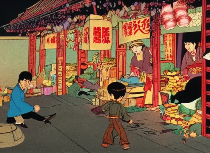 Prompt: a film still from the animation the chinese market ( 1 9 8 0 ) directed by walt disney, oscar winning animation, award winning