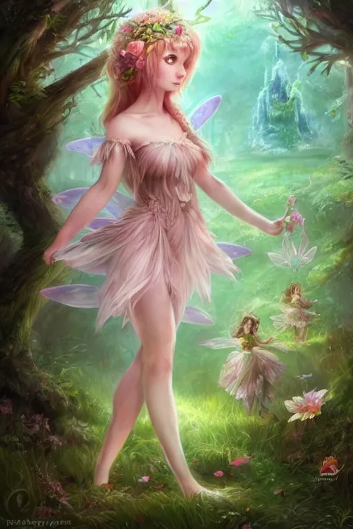 Image similar to a cute fairy in the dreamy forest, fantasy, 8 k resolution, hyper detailed, d & d, character design, digital painting, trending on artstation, sharp focus, illustration, art by artgerm, steve zheng, fuji choko, viktoria gavrilenko, hoang lap