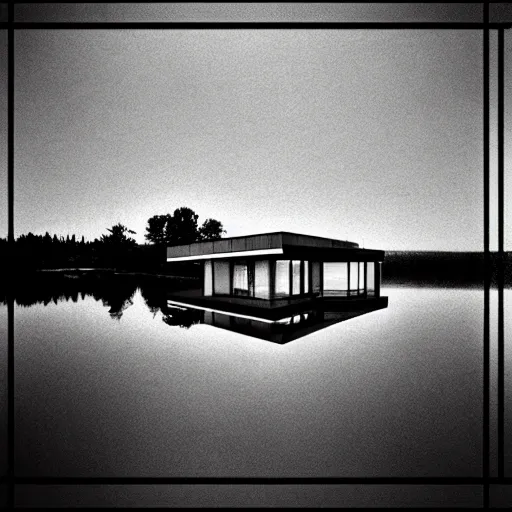 Prompt: modern house on the lake, artwork by bill stoneham, mystic, melancholy, pinhole analogue photo quality, lomography, blur, unfocus, cinematic, foil effect, holographic effect, monochrome