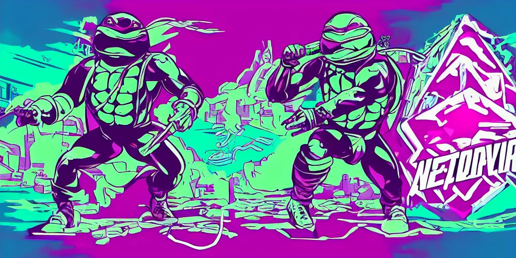 Prompt: vaporwave, vector graphics, ninja turtles, shredder, synthwave, neon