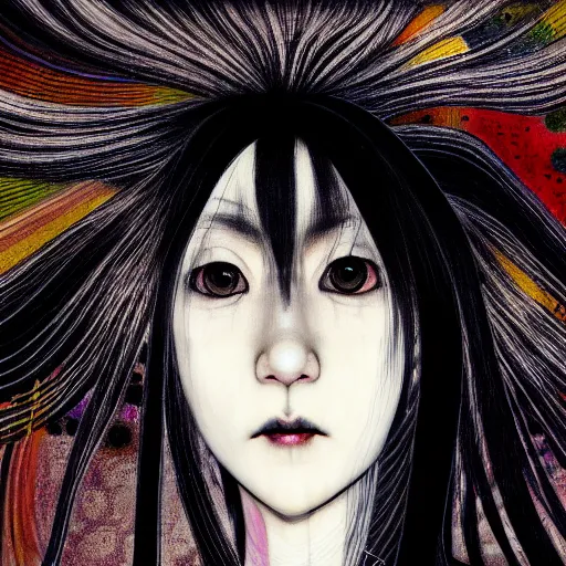 Image similar to yoshitaka amano blurred and dreamy realistic three quarter angle portrait of a woman with long white hair, black eyes and black lipstick wearing dress suit with tie, junji ito abstract patterns in the background, satoshi kon anime, noisy film grain effect, highly detailed, renaissance oil painting, weird portrait angle, blurred lost edges