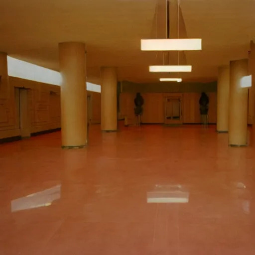 Prompt: art deco civic center interior, 1 9 7 0 s, real estate listing photo, orange color dye fading cast, film dust