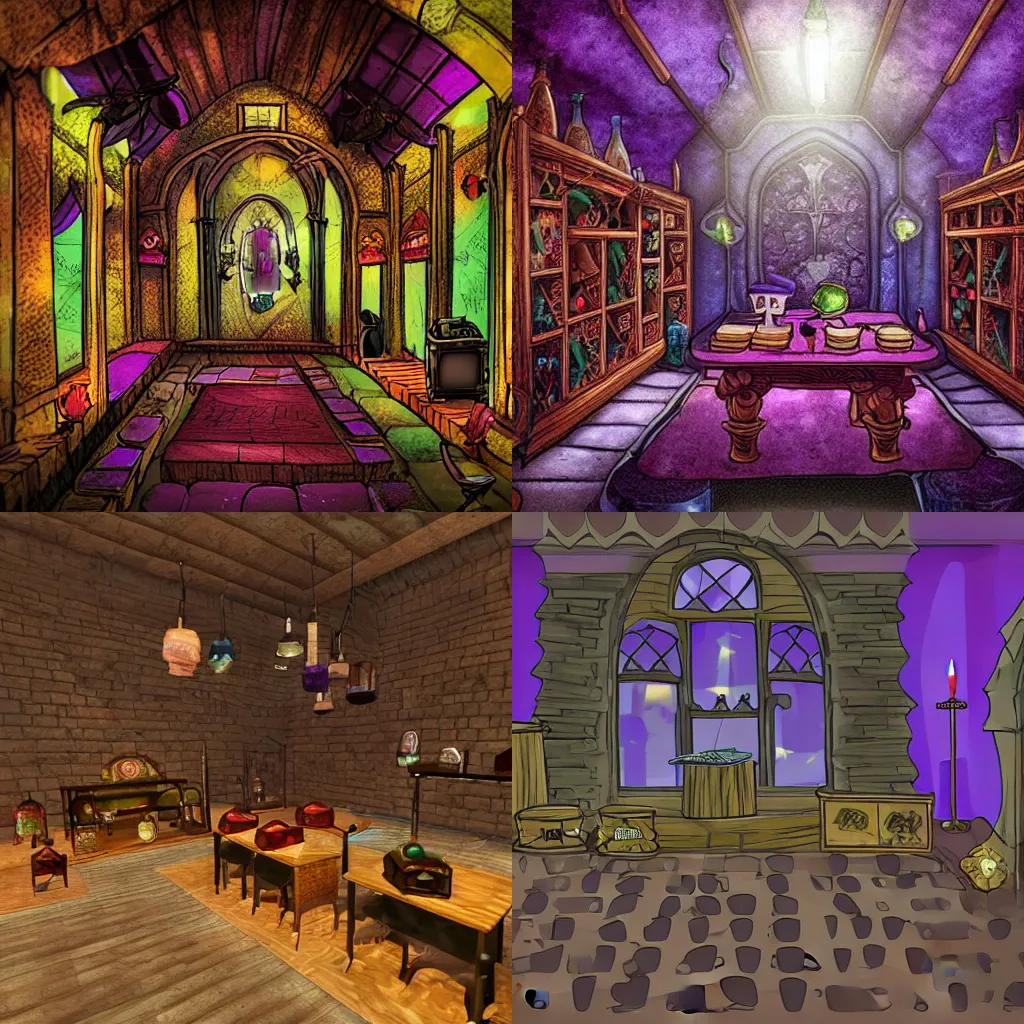 Prompt: Inside a magical item classroom, fantasy potion vendor interior, gothic interior, glowing bottles