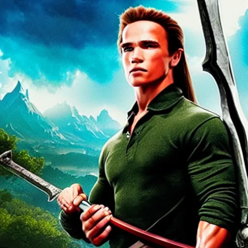 Image similar to cinema poster of a young arnold schwarzenegger holding a sword playing link in the new zelda movie