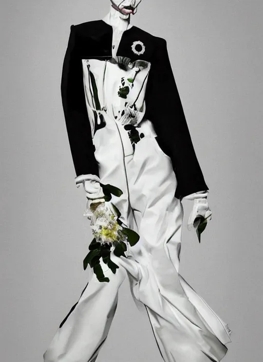 Image similar to a portrait by nick knight and gege akutami of a beautiful girl detailed features wearing a pilot suit wedding dress synthetic materials, jumpsuits chic'techno fashion trend by balenciaga