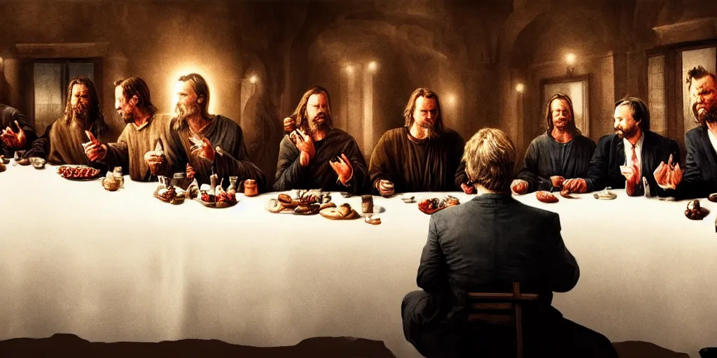 Image similar to christopher nolan last supper, digital painting, trending on artstation, sharp focus, 4 k