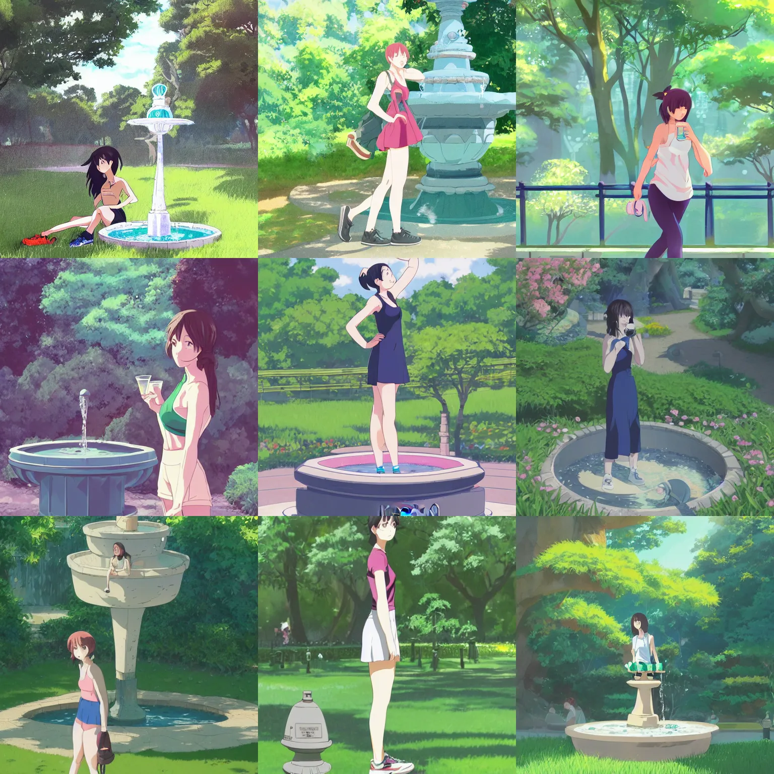 Prompt: Full body portrait of a woman wearing sportswear drinking from a fountain in a lush green park, detailed, artstation, by Kyoto Animation and Studio Ghibli, by Makoto Shinkai