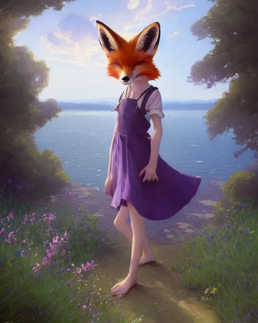 Image similar to a girl with fox ears and purple hair wearing a simple sundress, this fox girl has a pronounced snout and two pointed black ears, beautiful lake background, illustration by greg rutkowski, thomas kindkade, loish, artstation, furaffinity, deviantart